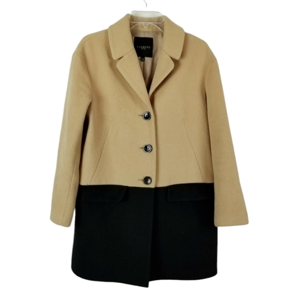 Talbots Petites Womens Size 10P Wool Blend Over Coat Color Block Black Beige - Picture 1 of 10